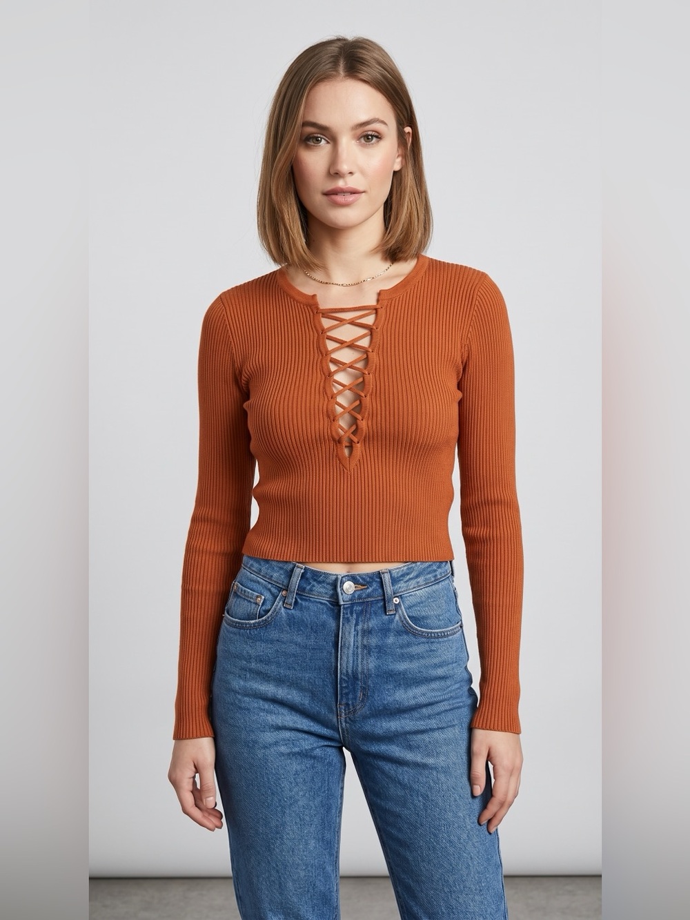 Forever 21 Ribbed Lace-Up Crop Top - Rust Orange